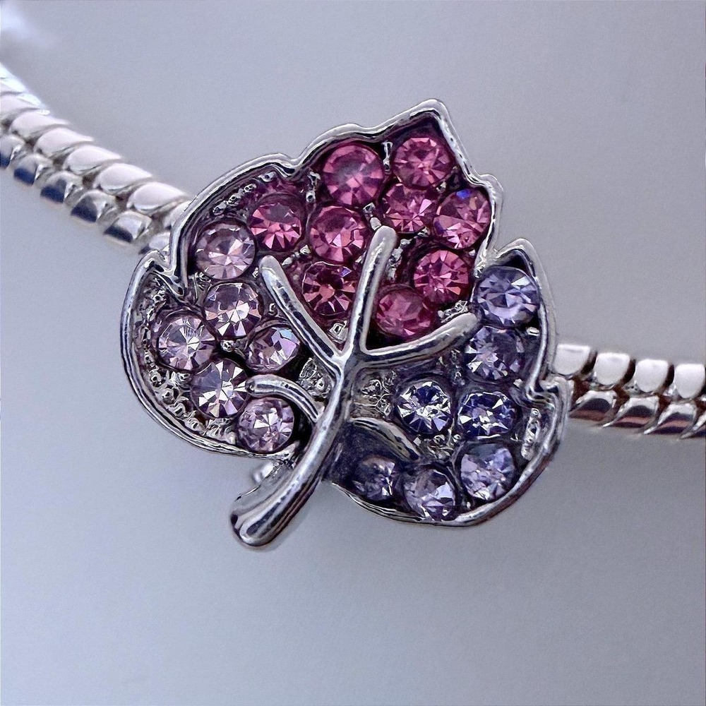 Pandora-like Silver Leaf Bead Charm Snake Chain Bracelet Pink Purple Crystal